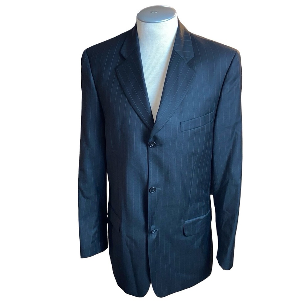Bachrach Italy Blazer Suit Jacket & Pants Size 40 Black Stripe Wool Virgin